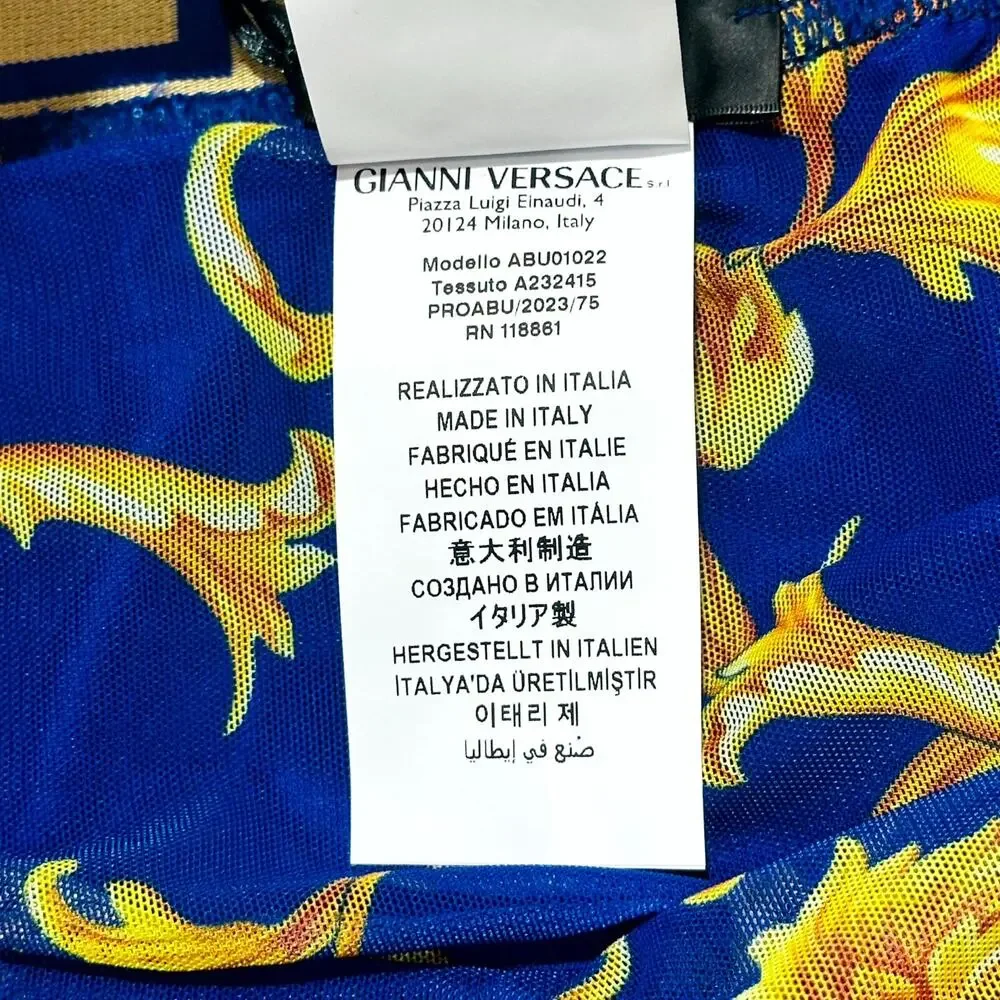NWT Versace Greca Border Swim Shorts IT 8 US 2XL Blue Medusa Logo Elastic Waist